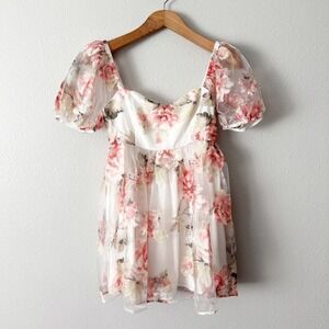 Sugar Thrillz Darling Rose Floral Organza Pink Babydoll Mini Dress Size Small